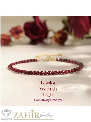 Мега яка гривна за ръка или глезен от естествен гранат 3 мм топче и стоманени елементи, закопчалка и удължител - GA3061